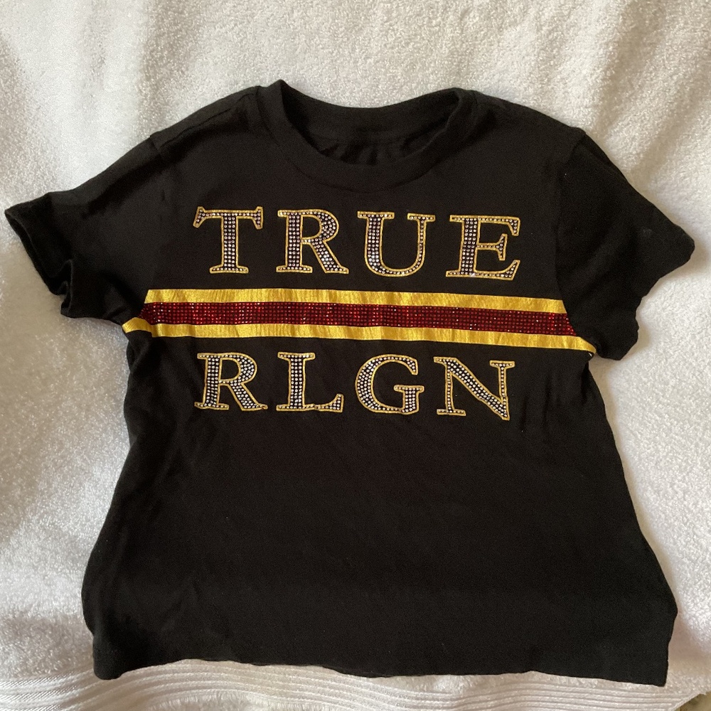 True Religion World Tour Fitted Baby Tee Black Rhinestone Logo size XXS - Picture 8 of 8